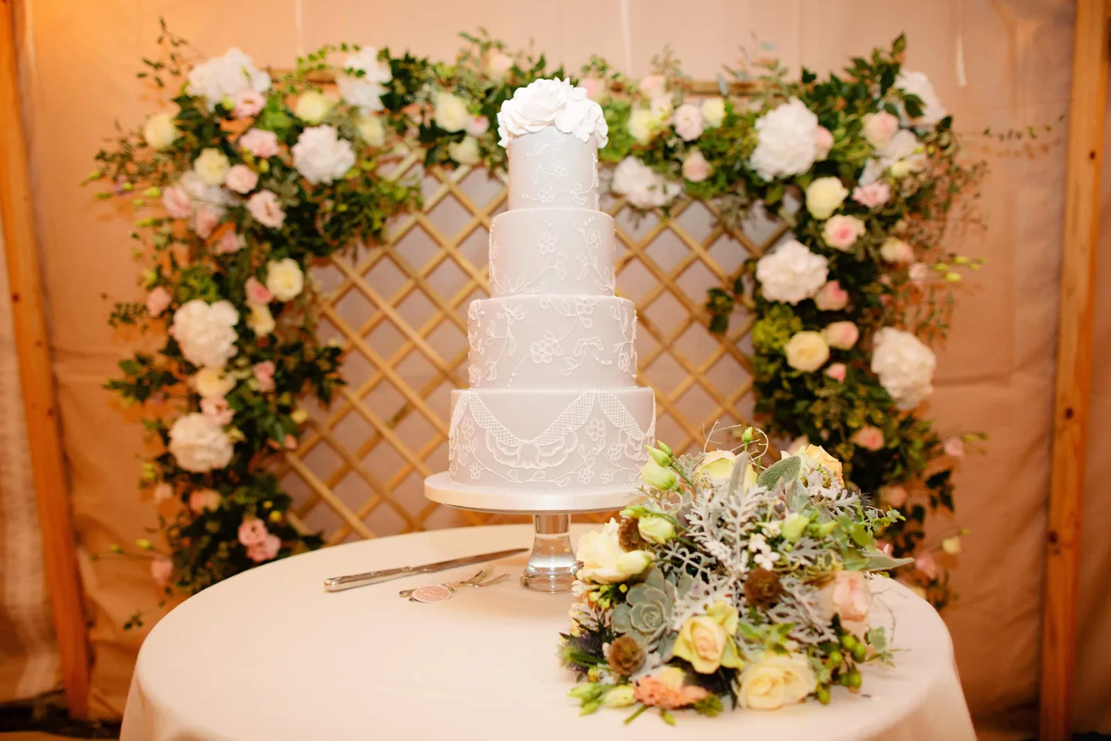 Iced Wedding Cake, pale grey, white brush embriodary lace, Sugar flowers